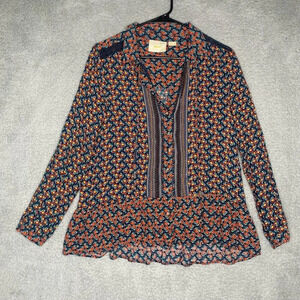 Maeve Anthropolgie long sleeve button up blouse top boho fruit tie neck size 4